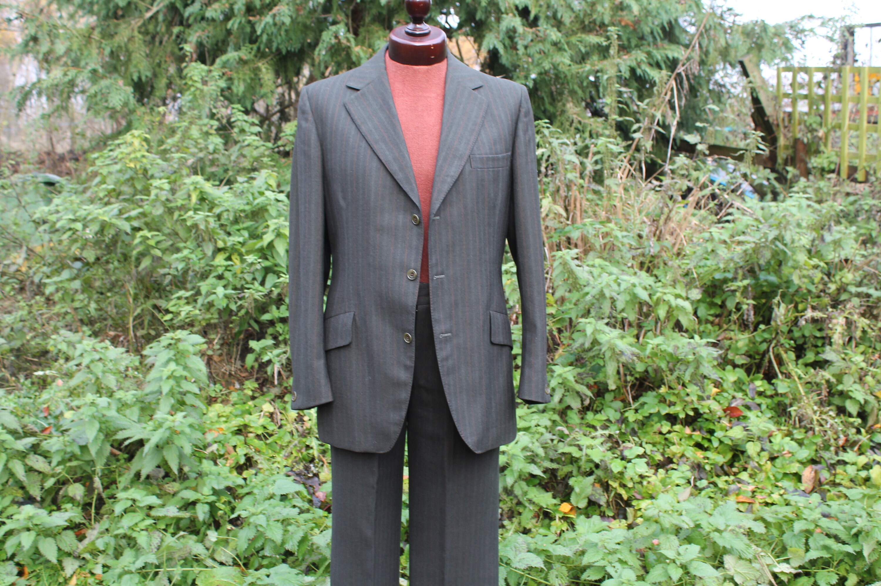 Image of Vintage Mans 1950S Sumrie Wool Pinstripe Suit, Olive Green/ Brown Stripe 2 Piece Fits Size 40R, 37" Waist