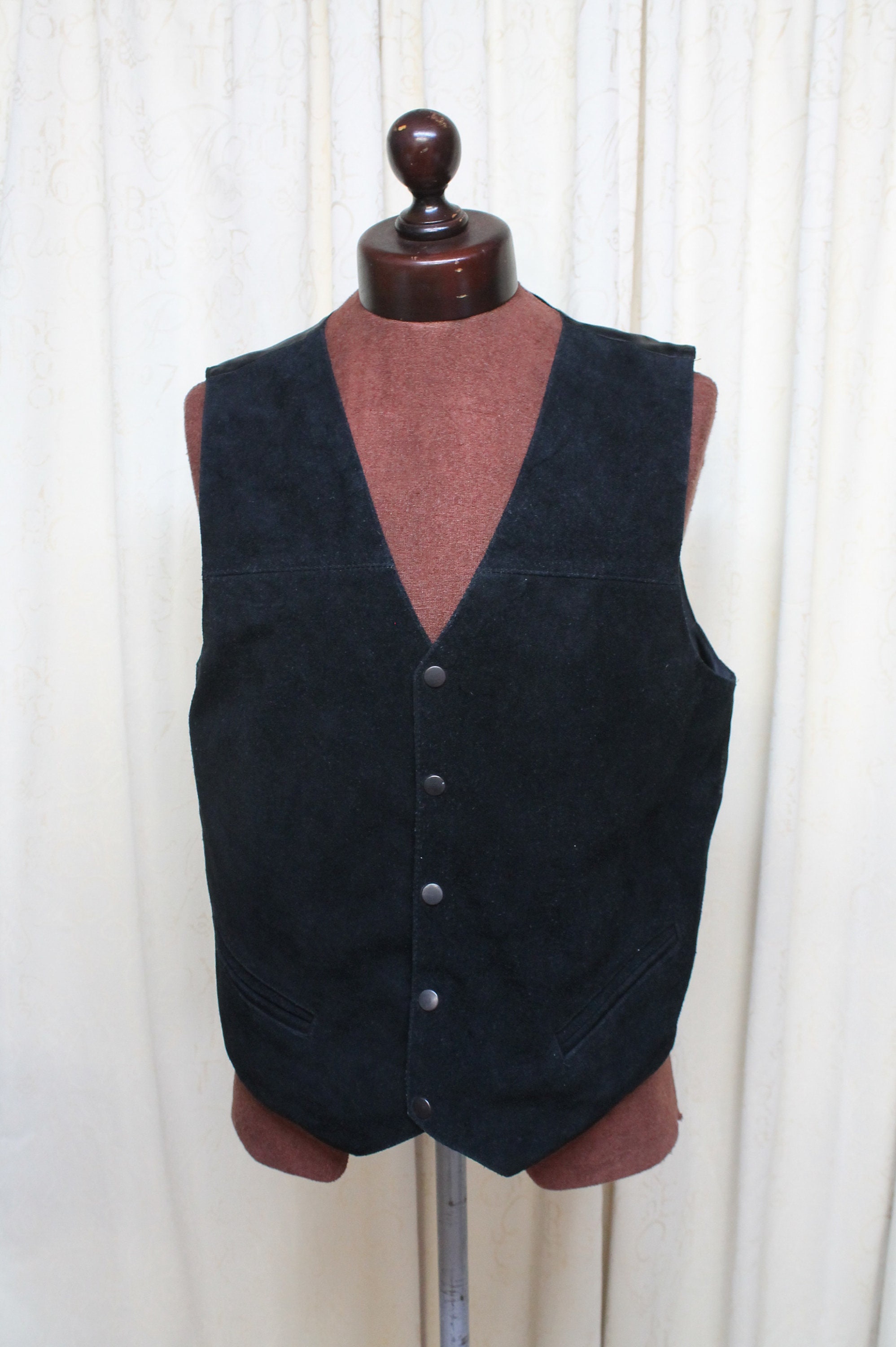 Image of Vintage Mans Black Suede Waistcoat/ Vest, Size L/ 44" Chest, Made By Telford Leathers