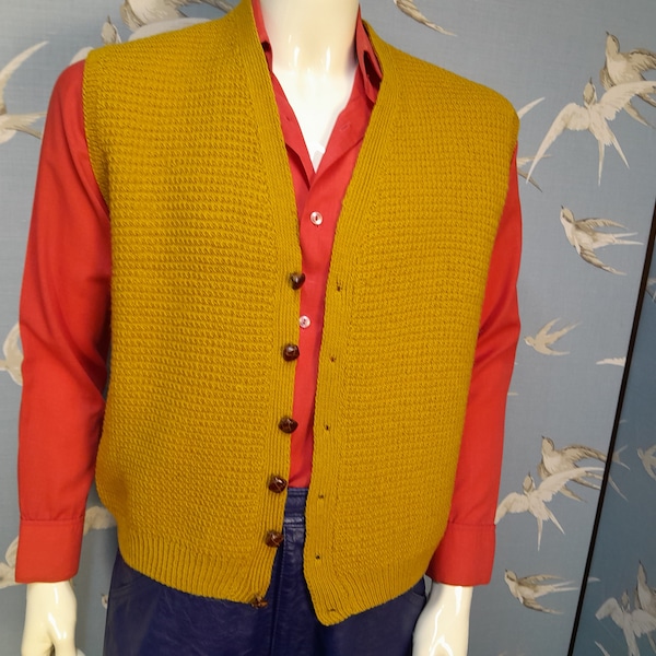 Vintage 1950s mans knitted waistcoat/ mustard tank top, hand knit 40- 42" chest wool sleeveless cardigan