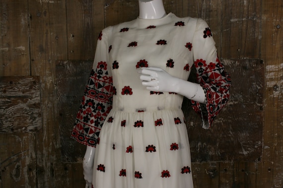 Vintage 70s Maxi Dress Ivory Red Black Embroidered Bell Sleeve