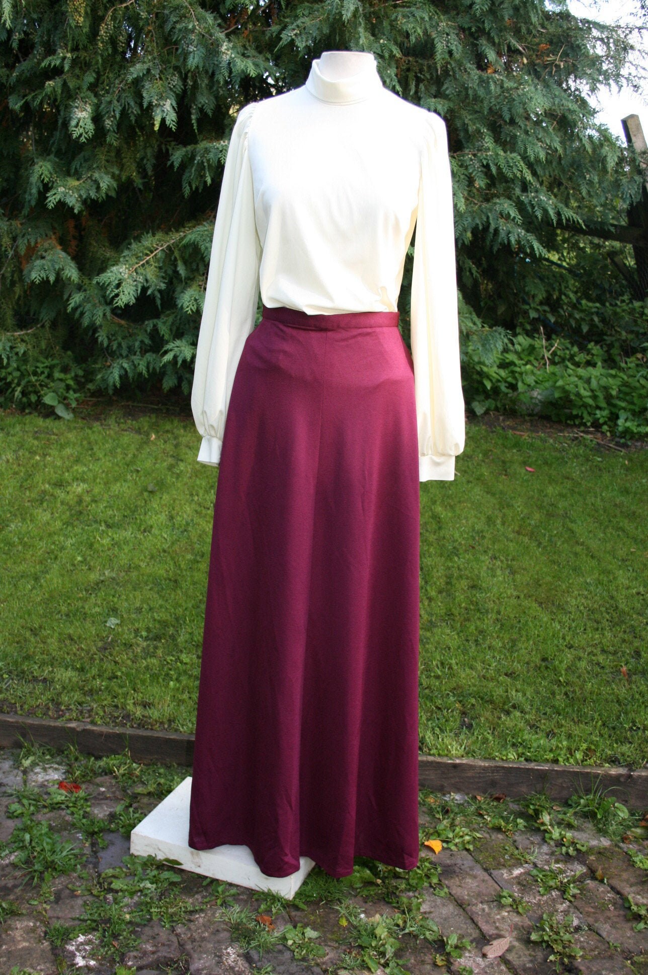 Image of Vintage S Maroon Maxi Skirt, Size / " Waist Wine Coloured Polyester Flared Skirt