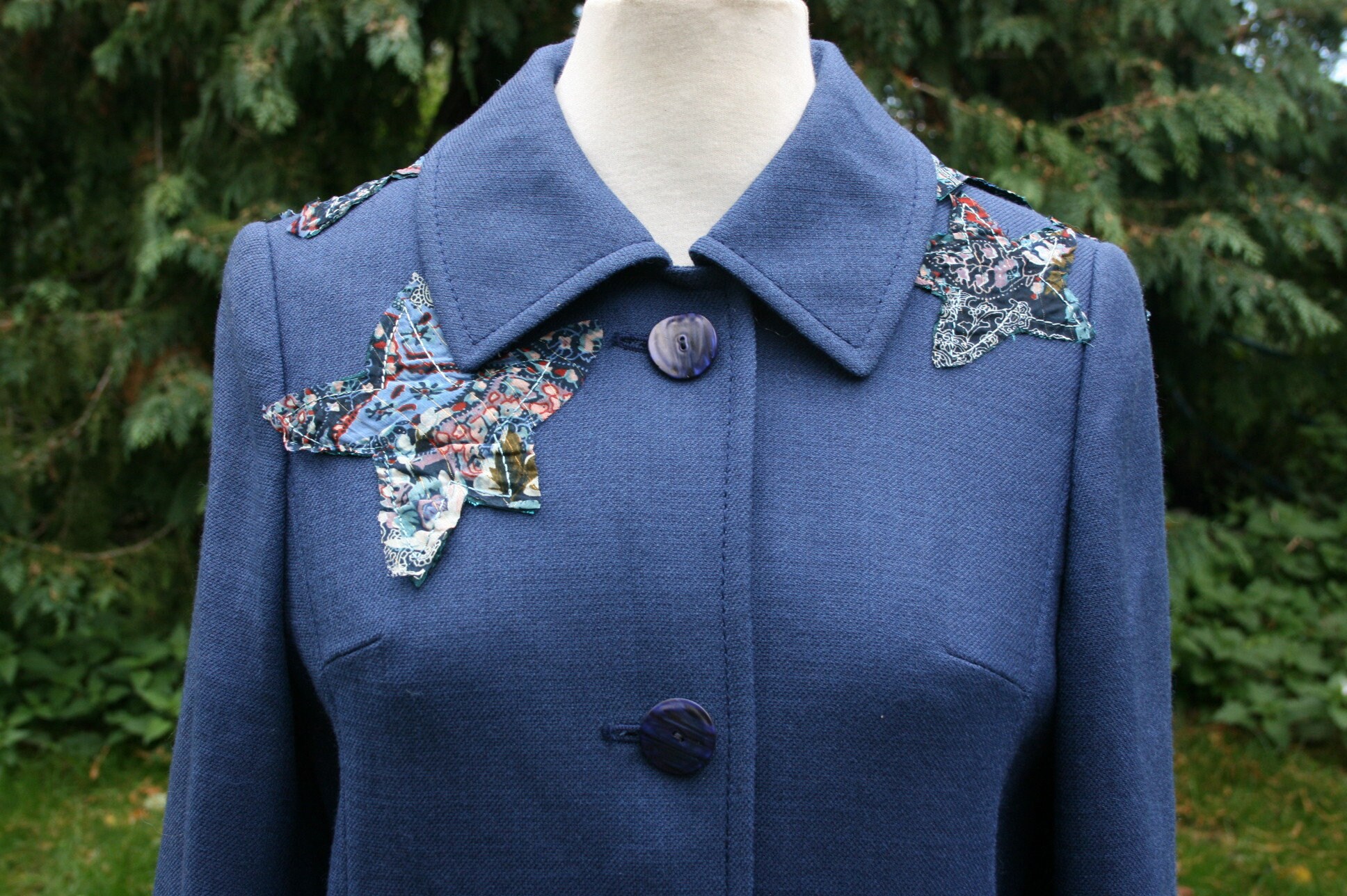 Image of Upcycled S Wool Coat, Size  Cresta Blue Mod Coat With Applique Flower Detail