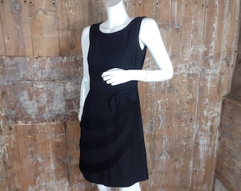 Vintage 60s retro flapper style black fringed mini dress, size 10 UK/ 36" bust