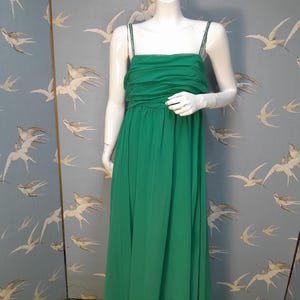 Vintage 1960s Jean Allen jade green maxi cocktail dress, diamante shoestring straps, size 10 UK/ 35&quot; bust