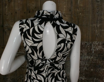 Vintage 60s Jean Allen psychedelic maxi dress, black/ white keyhole back dress, size 8 UK/ 34" bust