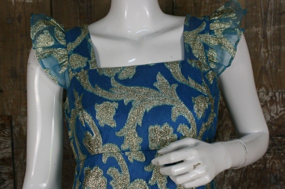 Vintage 60s/ 70s teal/ gold brocade cocktail dres… - image 5