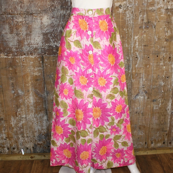 Unworn 60s floral button front maxi skirt, size 10 UK cotton pink/ yellow Fritzi of California skirt