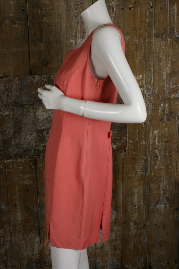 90s does 60s linen mix mini dress, coral pink fea… - image 8