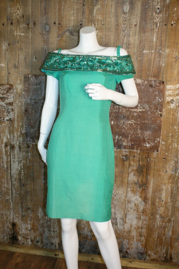 Vintage 80s Jade Green Silk Cocktail Dress A J Bari Beaded off