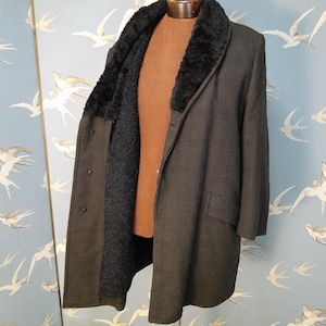 Sobretudo masculino vintage XL de lã xadrez/forrado de pele dos anos 1940, veste de 44 a 46" de tórax
