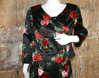 S vintage 50s wiggle dress & jacket suit, black/ red rose print satin, Flory of Miami, size 8 UK/ 34" bust