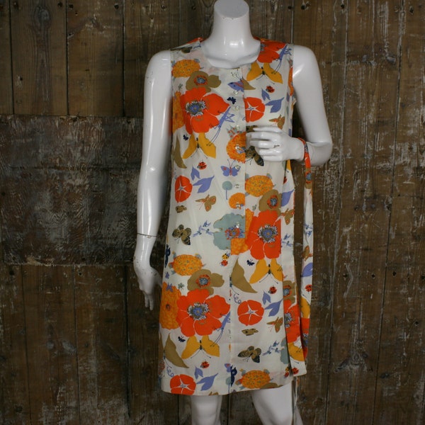 Vintage 60s/ 70s novelty print cotton mini dress, Ship n Shore lizard/ turtle/ bee/ butterfly print sun dress size 8- 10 UK