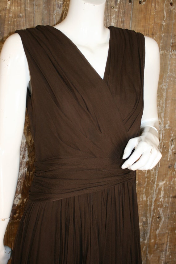 Vintage 50s brown chiffon cocktail dress, wrap fr… - image 4