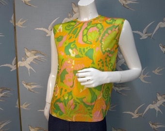 Top/camiseta sin mangas psicodélica vintage de los años 60/70, marca Rodier Paris, talla 12 UK (99 cm de contorno de pecho). Consulta los DETALLES DEL ARTÍCULO para ver todas las medidas.