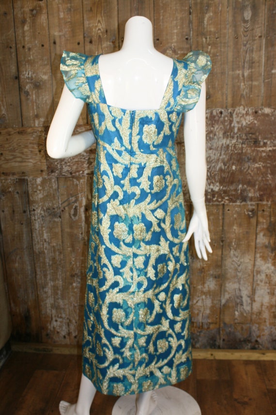 Vintage 60s/ 70s teal/ gold brocade cocktail dres… - image 10