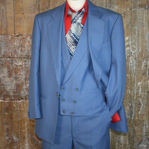 Vintage 60s blue wool 3 piece mod suit, J.T.Carson Ltd suit with double breasted collared waistcoat, 40&quot; chest, 32&quot; waist, 27&quot; leg ,