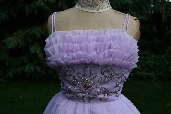 Vintage 1950s prom dress, lilac tulle puffball bal