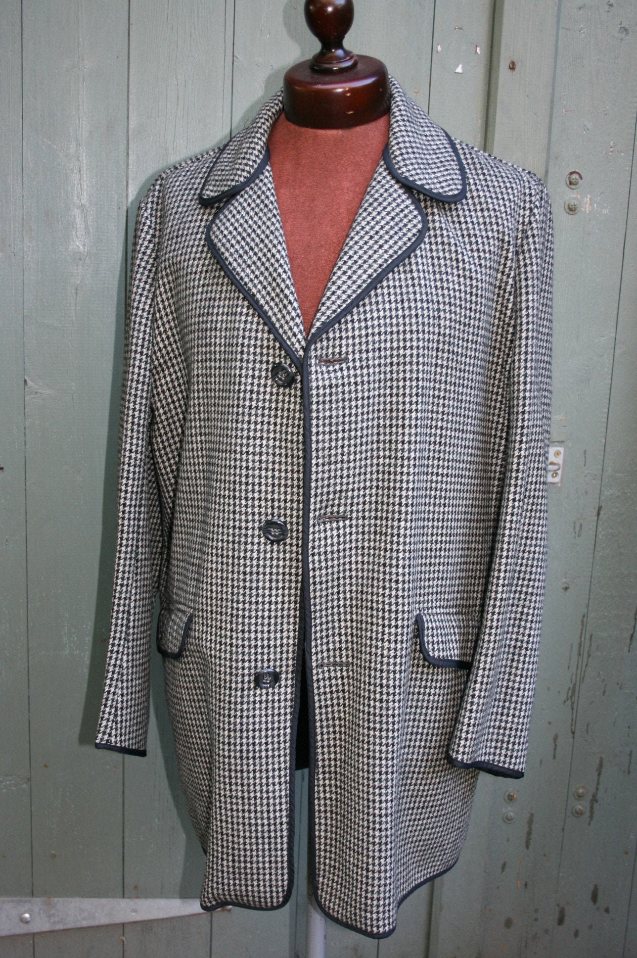 Image of Vintage Mans 1970S Wool Check Overcoat, Mid Length Grey/ Black Jacket, Xl/ 48" Chest
