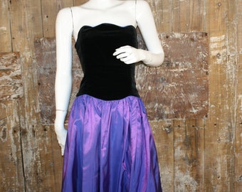 Vintage 80s Laura Ashley prom dress, black velvet/ blue taffeta strapless size 8- 10 UK/ 35" bust cocktail dress