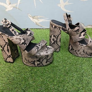 May include: A pair of platform sandals with a snakeskin pattern in beige and black. The sandals have thick heels and straps across the foot and ankle. The background is green grass and a light blue wall with bird silhouettes.