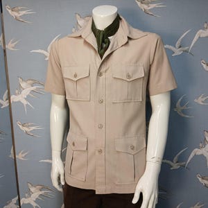 Vintage 1970s mans safari jacket, beige short sleeved jacket, 38- 40&quot; chest