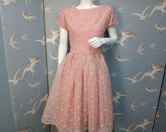 Vintage 1950s prom dress, pink flocked chiffon dress size 8- 10 Uk/ 35" bust, See ITEM DETAILS for all measurements