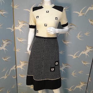 Vintage 60s/ 70s monochrome mod dress, wool/ PVC trim cream & black dress size 8/ 10 UK