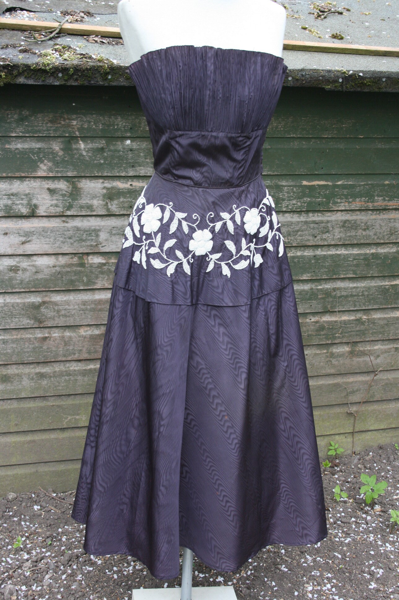 Image of Vintage S Strapless Ballgown, Navy Blue Taffeta Peplum Dress, White Beading, Size /