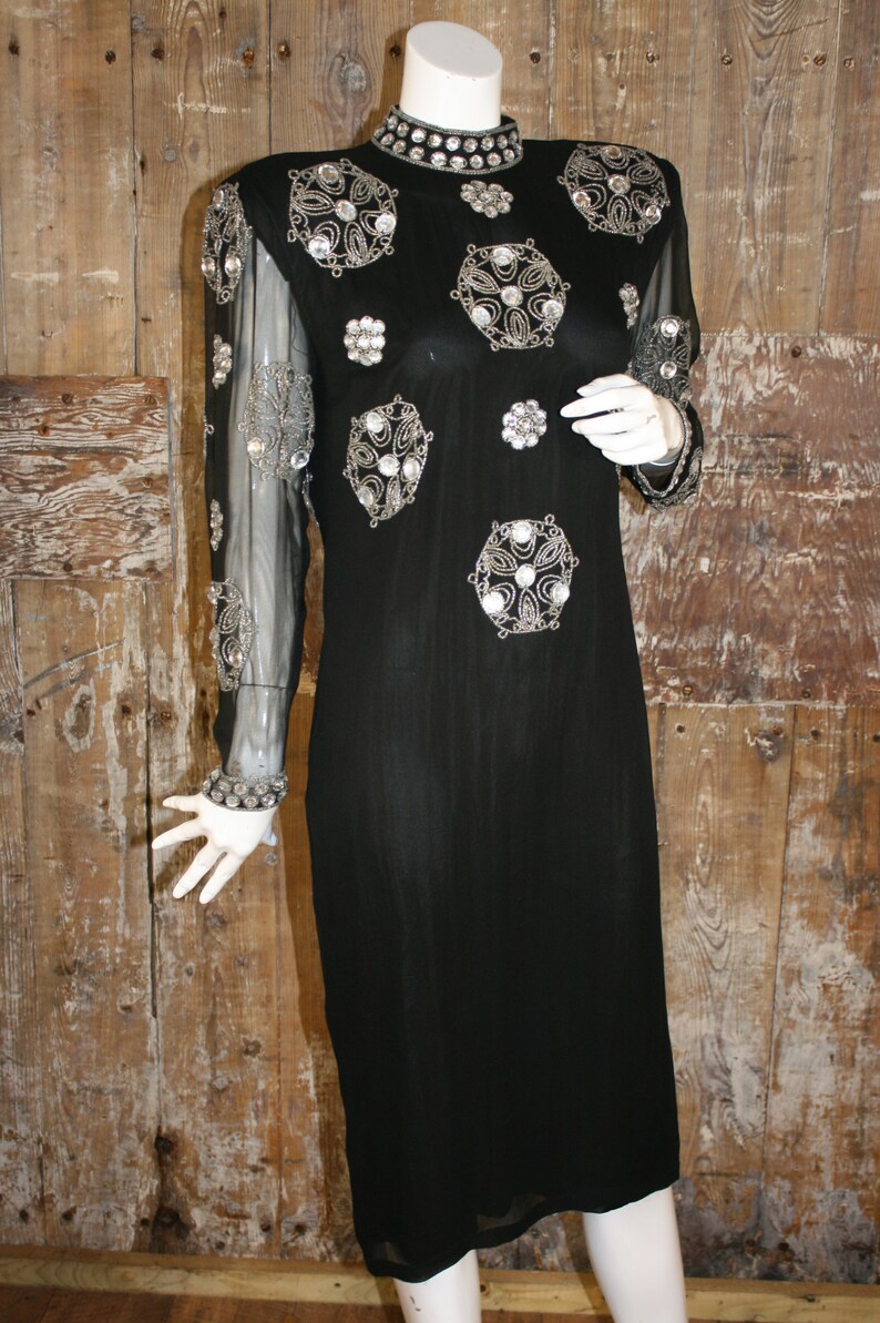size 10 12 heavily beaded chiffon evening dress 80 beaded black silk cocktail dress