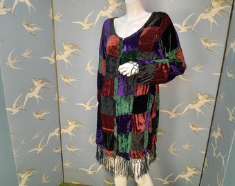 Vintage patchwork velvet fringed hippy dress/ jacket, James International, size 12- 14 UK, 40" bust