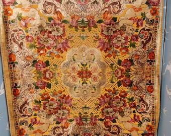 Antique cherub design chenille flock tablecloth/ wall hanging/ throw, edwardian vintage home textile