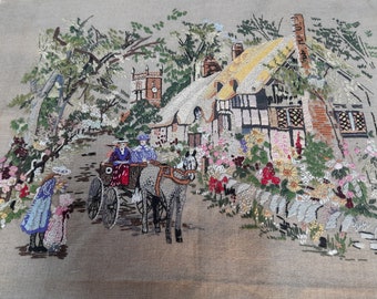 Vintage mid century hand embroidered panel, village scene needlepoint/ tapestry