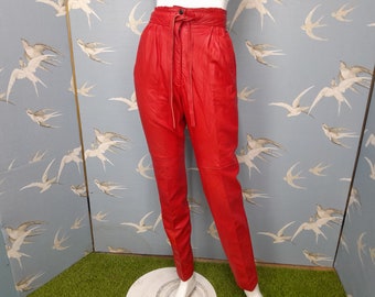 Vintage 1980s red leather trousers, high waist/ tapered leg paper bag pants , size 6 UK 22- 24" waist. See ITEM DETAILS for all measurements