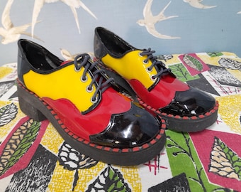 Vintage 1970s platform shoes, 3-tone red/ yellow/ black patent lace up shoes, size 4 UK approx.