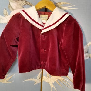 Vintage Laura Ashley 1980-tals vinröd sammetsjacka för pojkar, ålder 4-5 år, Mor och barn, se ARTIKELDETALJER för alla mått