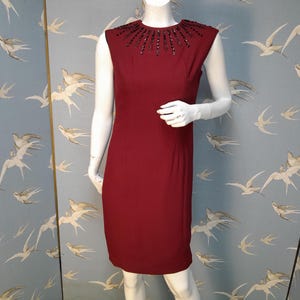 Vintage 50s wine red wiggle dress, black sequin trim, size 8 UK/ 35" bust
