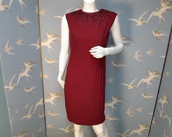 Vintage 1950s wine red wiggle dress, black sequin trim, size 8 UK/ 35" bust. See ITEM DETAILS for all measurements