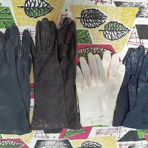 4 pairs of vintage leather/ faux leather gloves, brown/ grey/ ivory/ navy Milore/ Gantia gloves