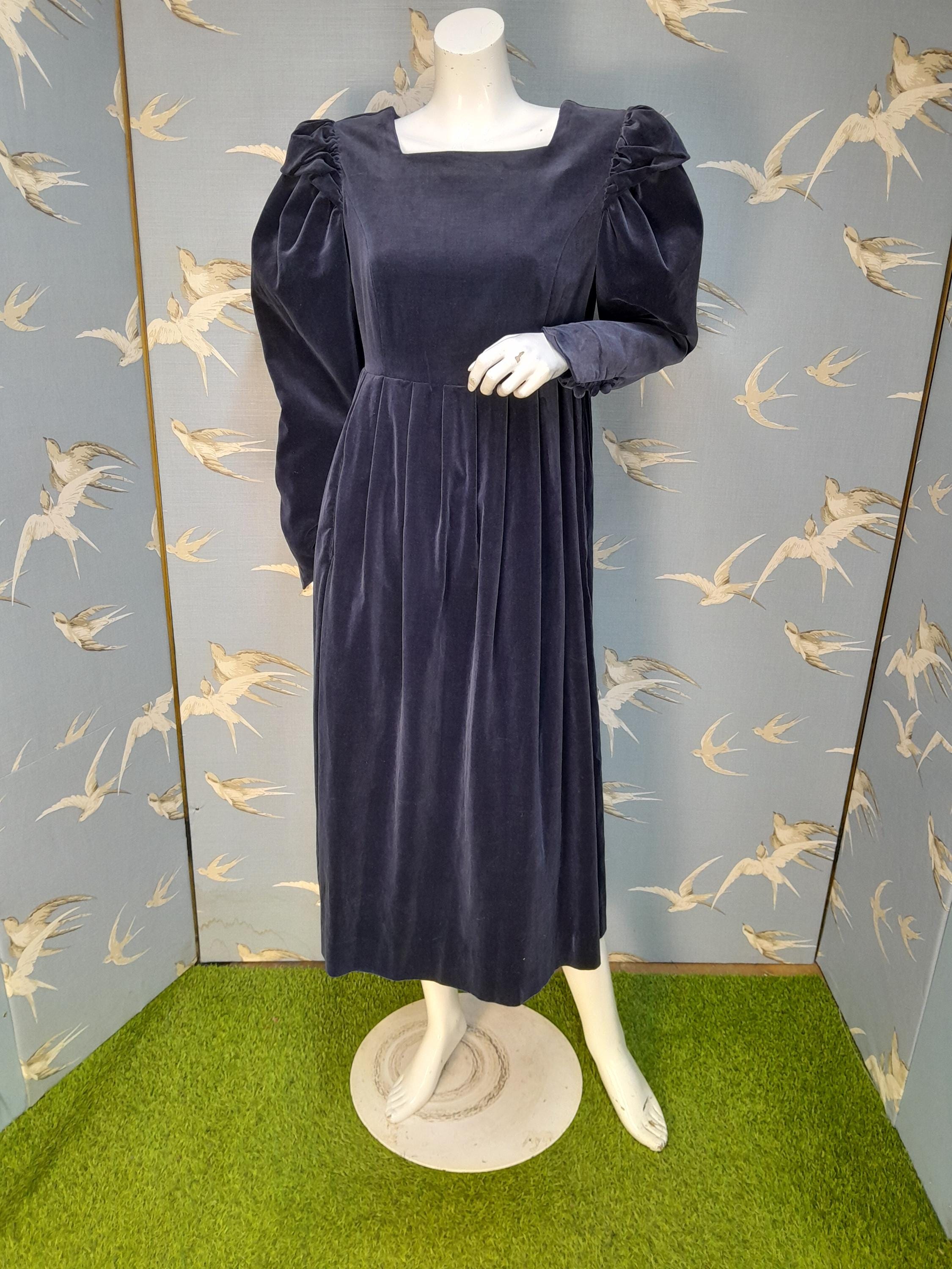 Vintage 1980s Laura Ashley Midnight Blue Velvet Dress, Size 12 Uk