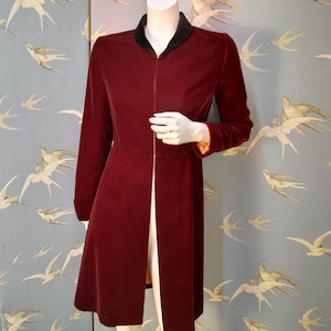 Red velveteen duster coat, petite vintage knee length coat, size 6- 8 UK