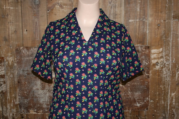 60s floral mod dress, size 14/ 40" bust navy/ pin… - image 1