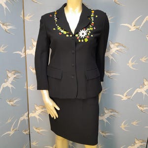 Vintage Moschino Cheap and Chic skirt suit, black with fruit & floral applique, size 14- 16 UK, 41&quot; bust