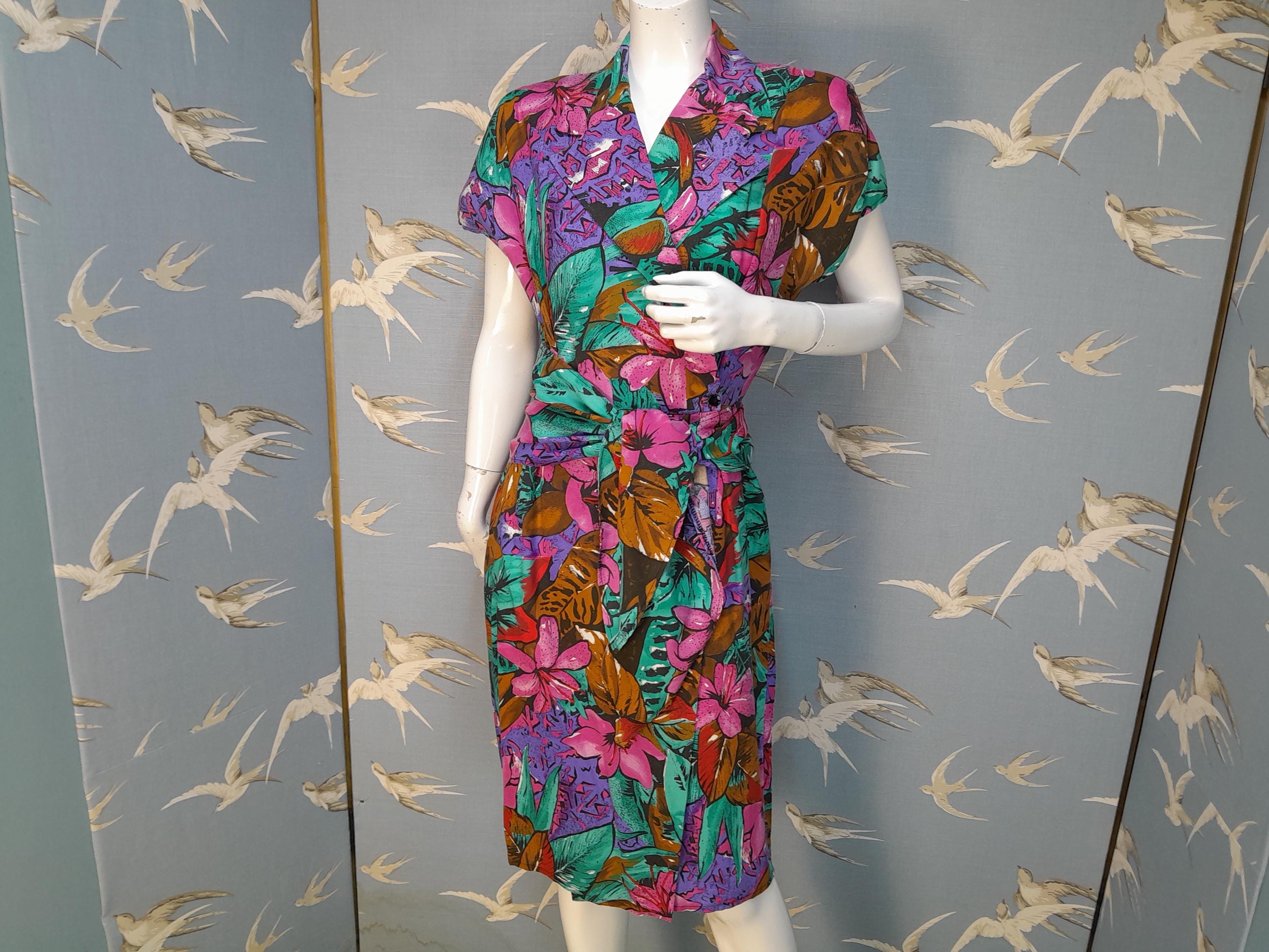 Vintage 1980s Etam Tropical Print Wrap Dress, Size 10 UK. See ITEM