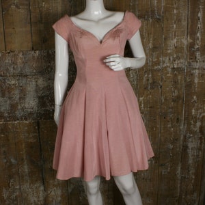 Vintage 90s pink taffeta off the shoulder mini prom dress, size 8 UK/ 34&quot; bust