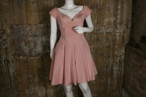 Vintage 90s Pink Taffeta Off The Shoulder Mini Prom Dress, Size 8 UK/ 34" Bust