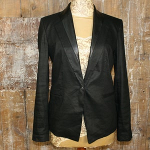 Helmut Lang black designer jacket, linen mix, leather collar, size 10 UK/ 6 US, 38&quot; bust