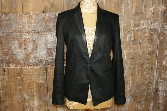 Helmut Lang Black Designer Jacket, Linen Mix, Leather Collar, Size 10 UK/ 6  US, 38 Bust -  Norway