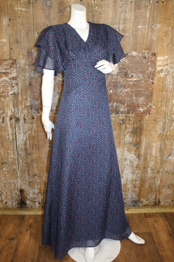Vintage 70s Trevira maxi dress, blue ditsy floral… - image 3