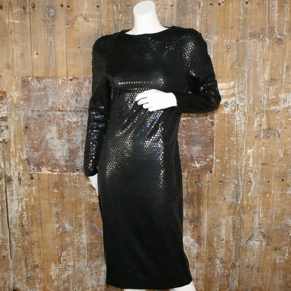 XS Vintage 80s/ 90s Bruce Oldfield black sequin wiggle dress, size 6 -8 UK