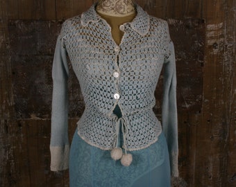 Vintage 1940s cardigan, blue/ ivory crochet cardi/ bed jacket, size 8 UK